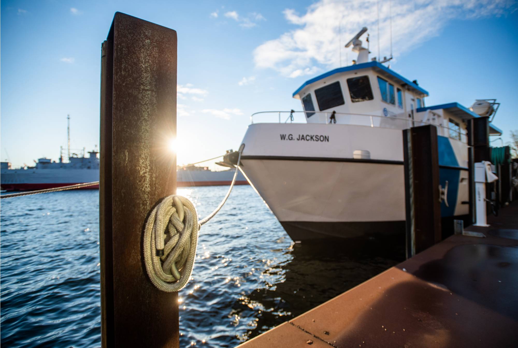 W.G. Jackson research vessel attached to a dock with a rope